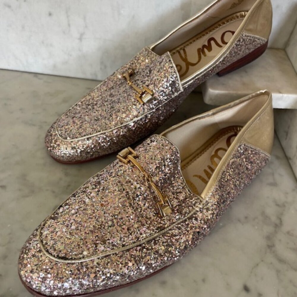 SAM EDELMAN  Loraine Glitter & Gold Leather Slip On Loafers 9 1/2